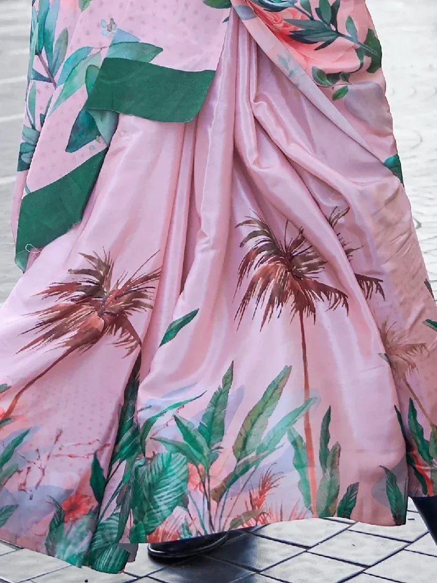 Pink floral saree with palm tree print, ethnic wear for women