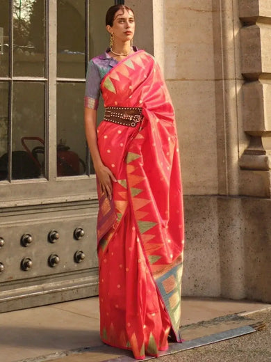 Awesome Coral Red Zari Woven Silk Wedding Wear Saree With Blouse