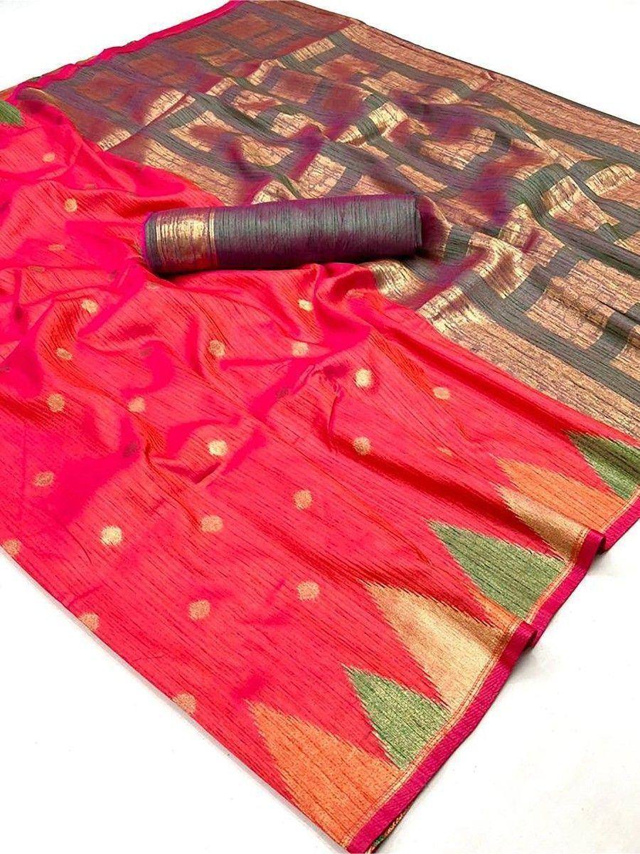 Vibrant red ethnic saree with gold polka dots, geometric border, and matching blouse piece for traditional Indian wear