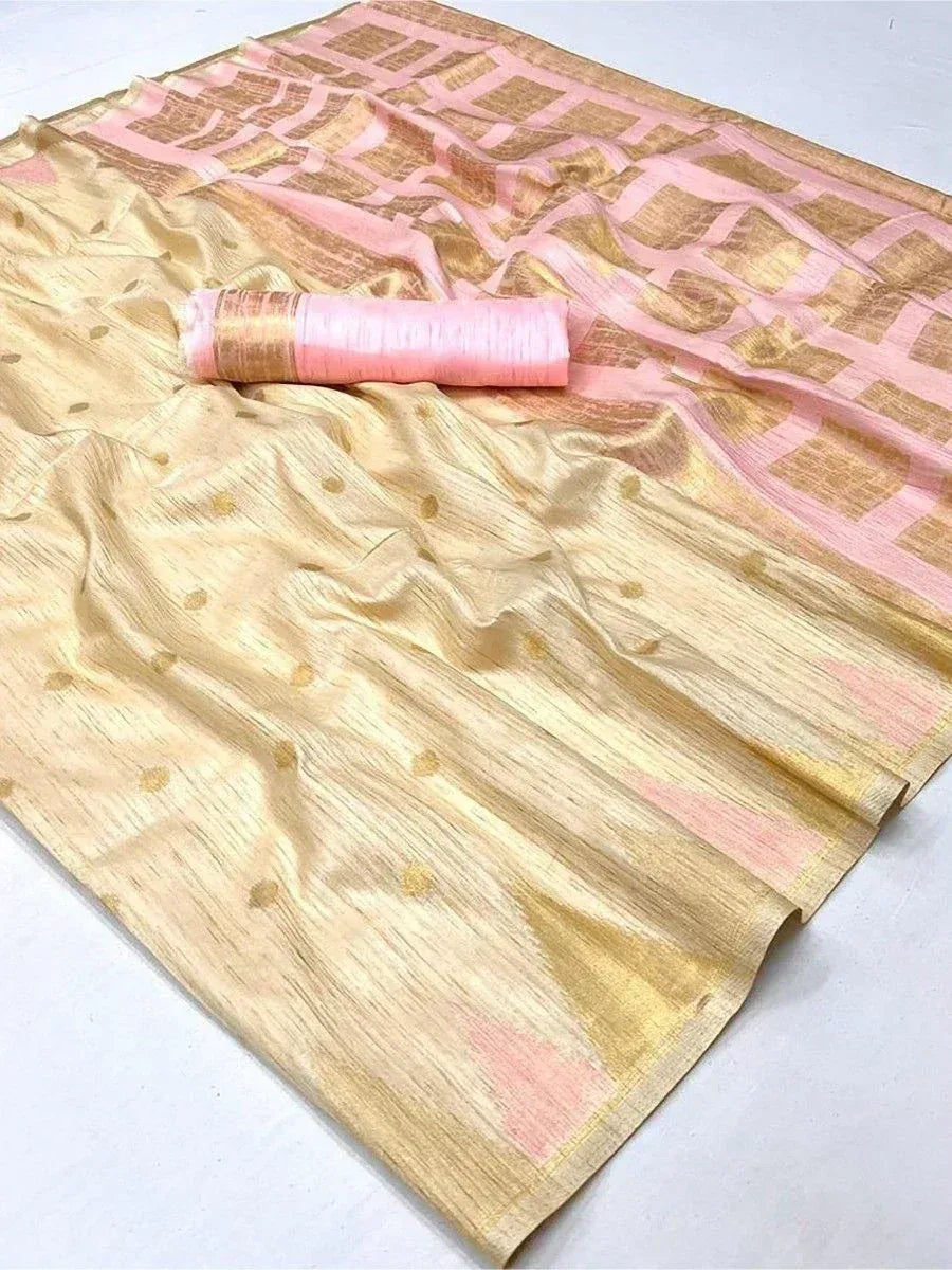 Pink and gold designer saree with geometric border and polka dot blouse piece, ethnic wear