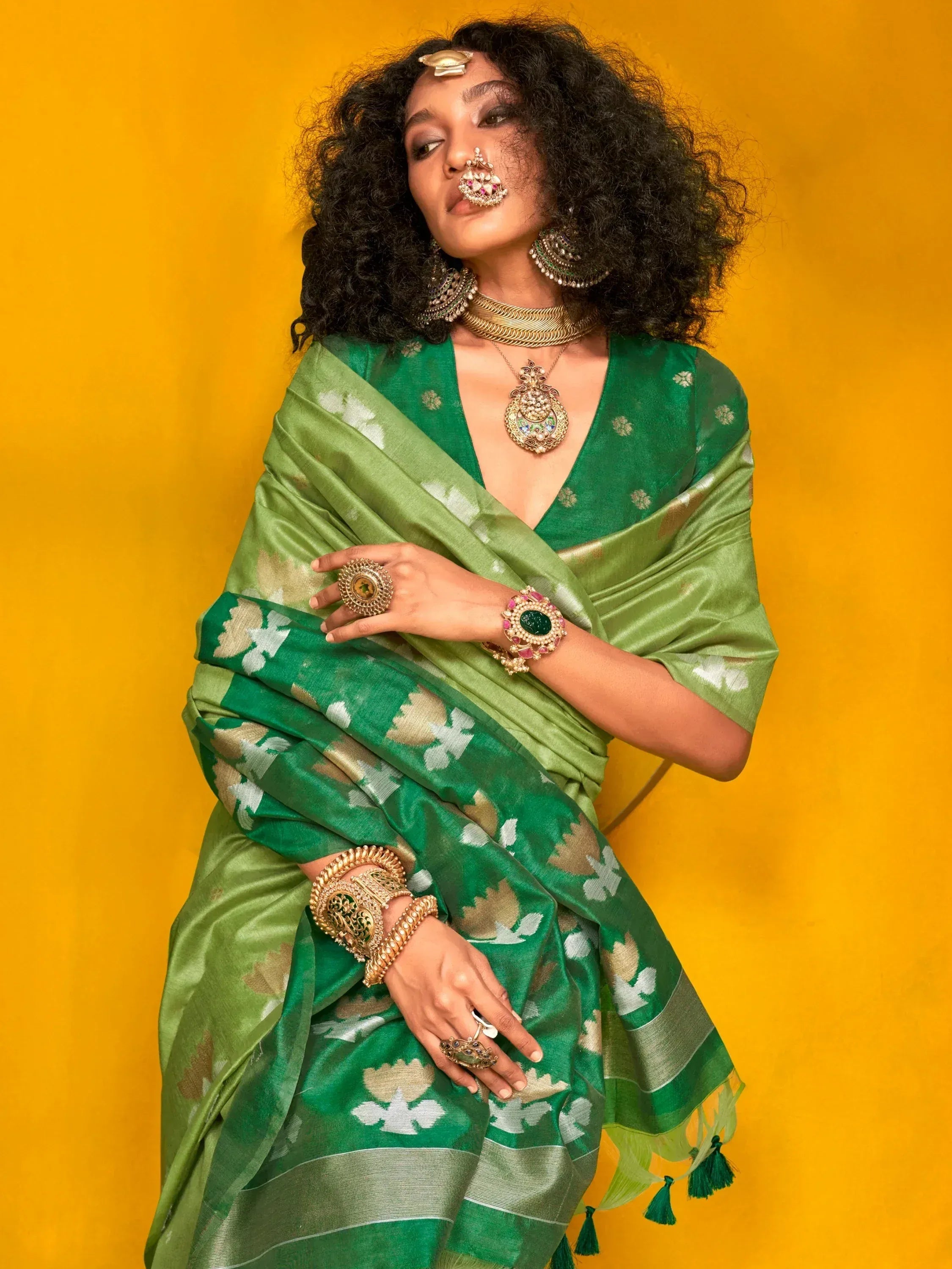 Green floral saree with gold jewelry, Indian ethnic wear for women