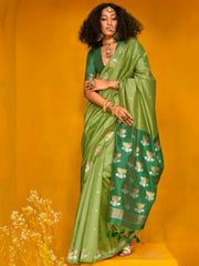 Outstanding Olive Green Zari Weaving Silk Festival Wear Saree