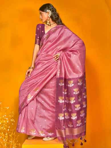Marvelous Dusty Pink Zari Weaving Silk Traditional Saree With Blouse