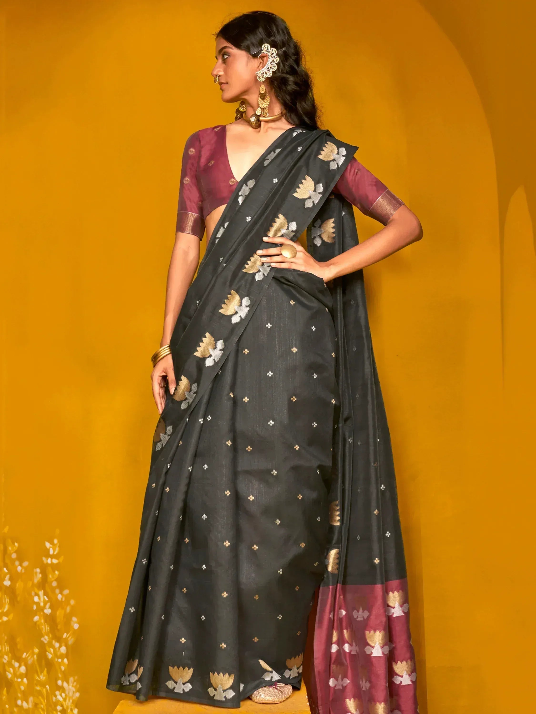 Black saree with gold floral motifs and maroon blouse, Indian ethnic wear
