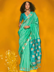 Gorgeous Sea Green Zari Weaving Silk Wedding Wear Saree With Blouse