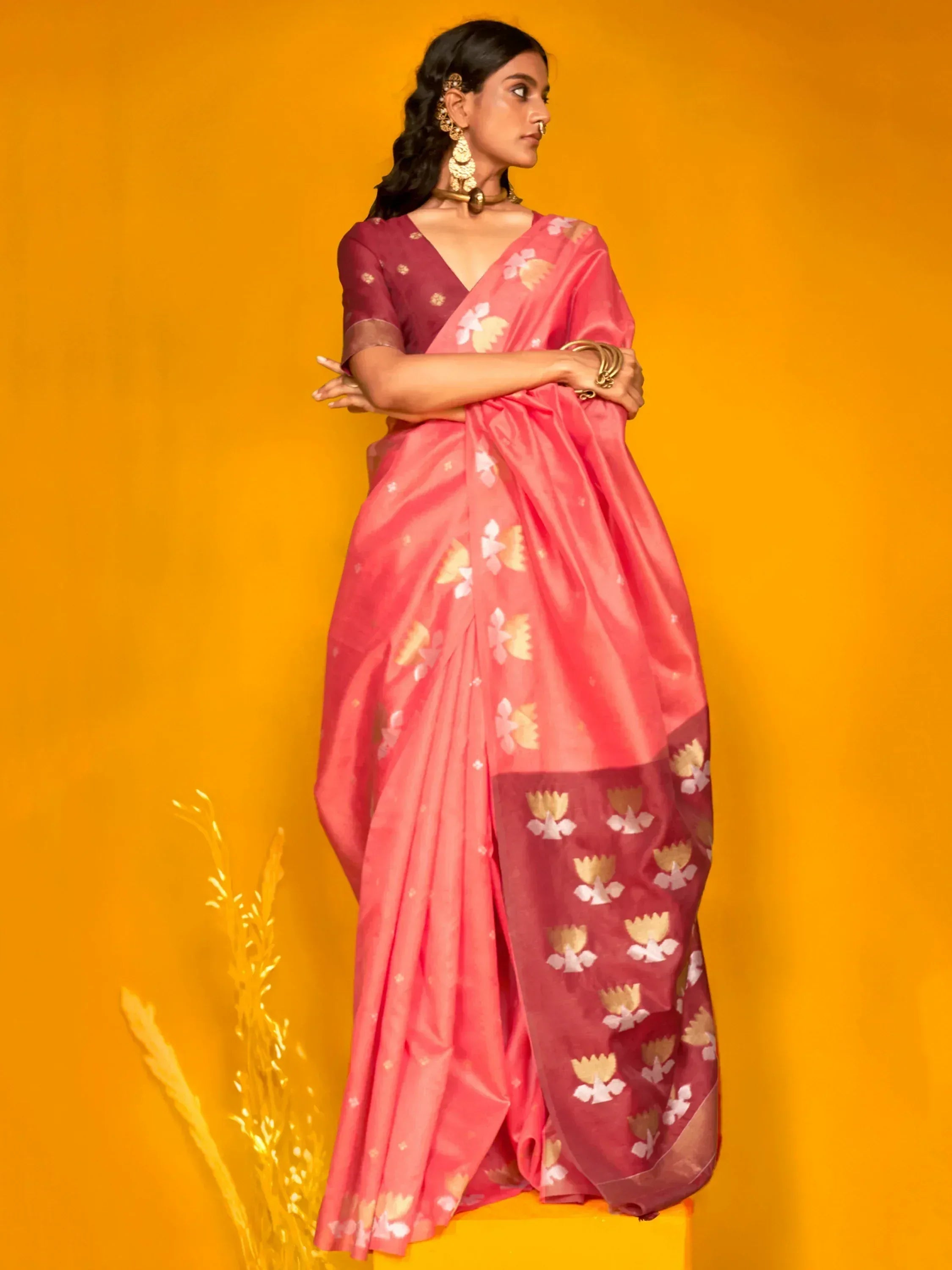 Pink floral printed saree with maroon blouse, ethnic Indian wear for women