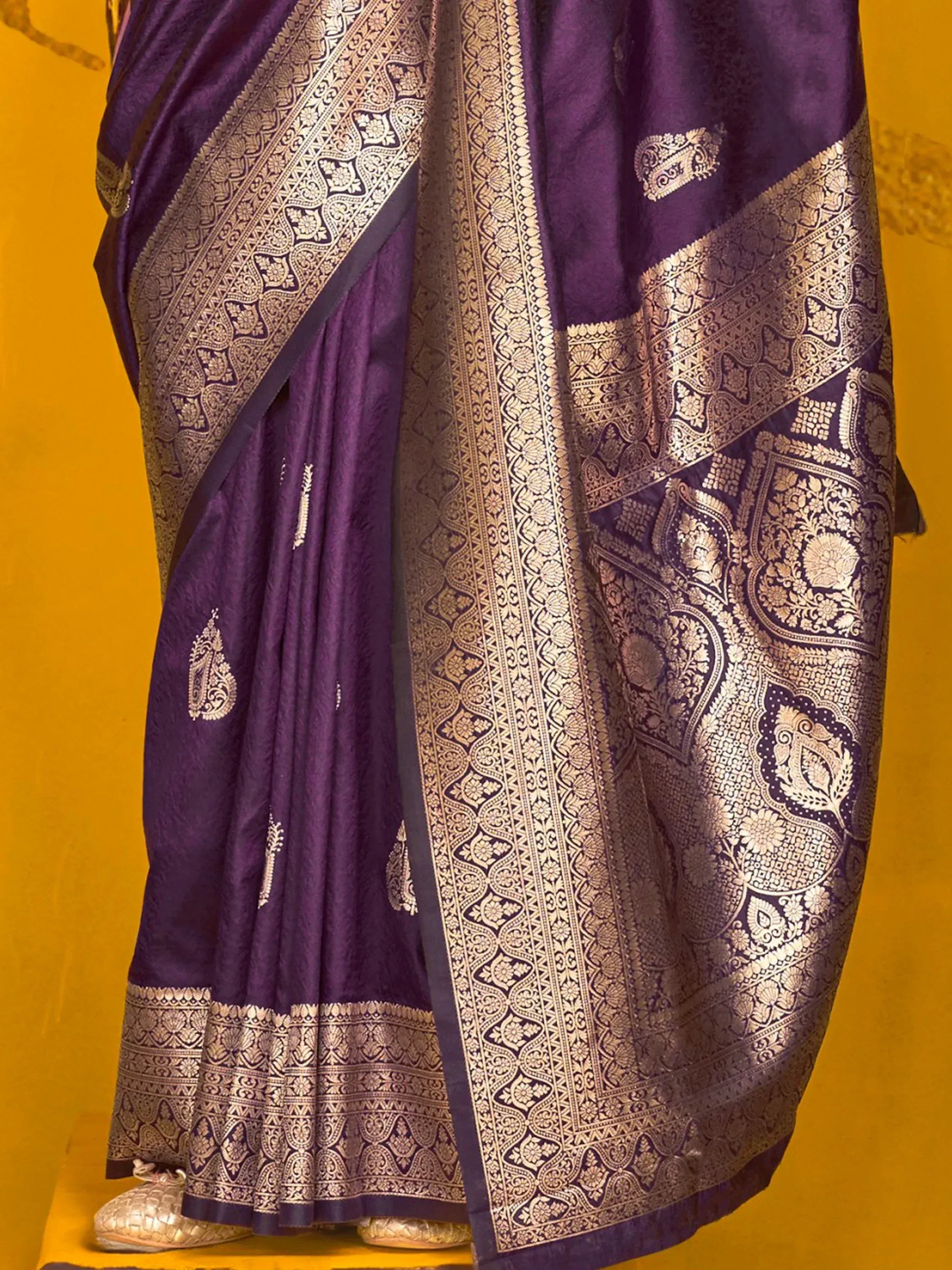Purple silk saree with gold zari embroidery, traditional Indian ethnic wear for weddings and festivals