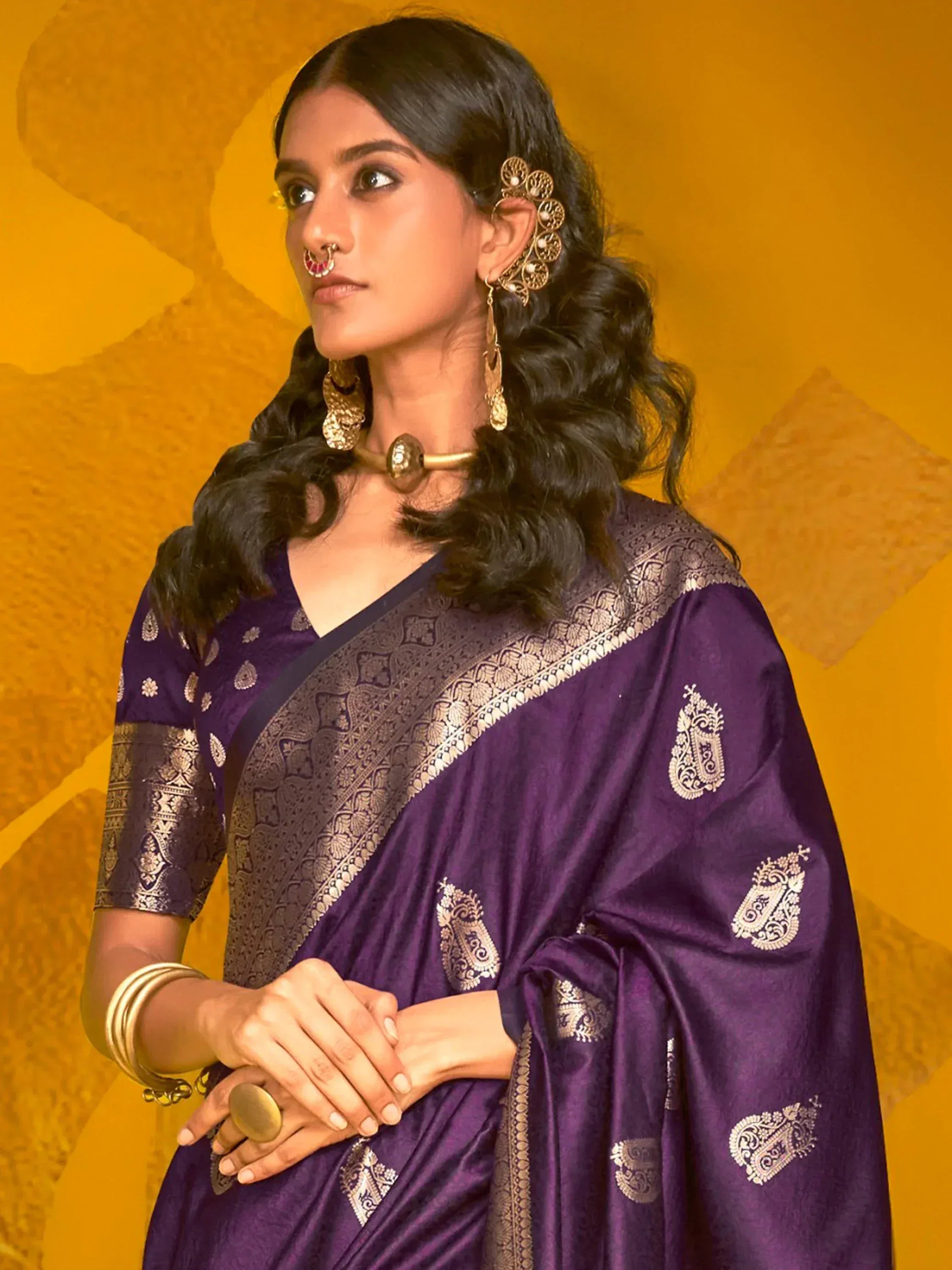 Purple designer saree with gold paisley embroidery, traditional Indian ethnic wear for women