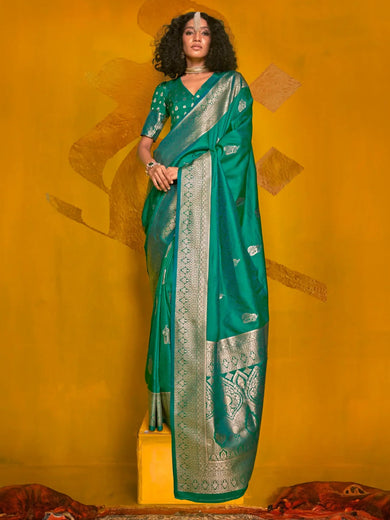 Enchanting Teal Green Zari Weaving Silk Festival Wear Saree With Blouse