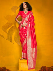 Charming Pink Zari Weaving Silk Event Wear Saree With Blouse