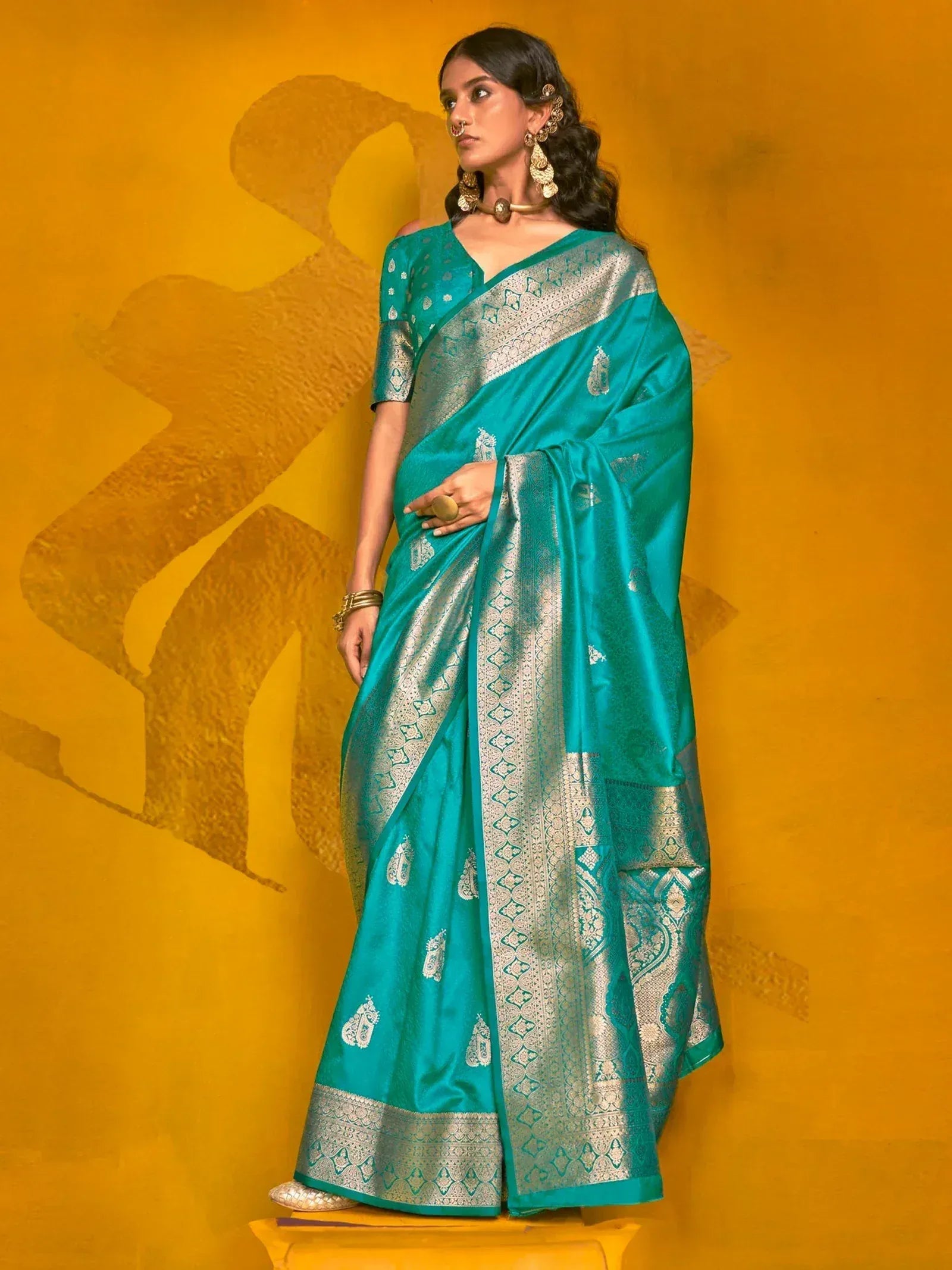 Teal silk saree with silver zari border and blouse, Indian ethnic wear for women