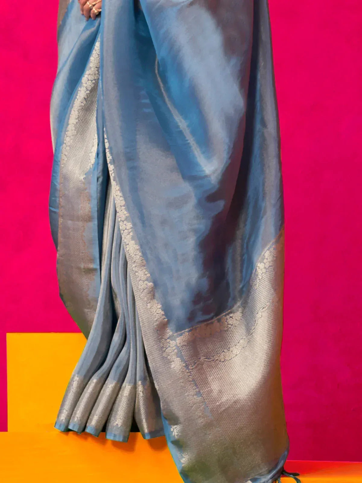 Blue silk saree with golden border, elegant Indian ethnic wear for festive occasions