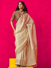 Enchanting Beige Zari Weaving Pure Tissue Silk Traditional Saree