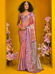Fantastical Pink Zari Weaving Silk Festival Wear Saree With Blouse