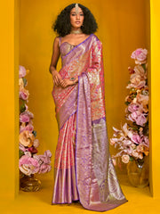 Fantastical Pink Zari Weaving Silk Festival Wear Saree With Blouse