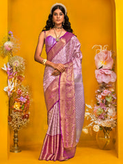 Excellent Lavender Zari Weaving Silk Festival Wear Saree With Blouse