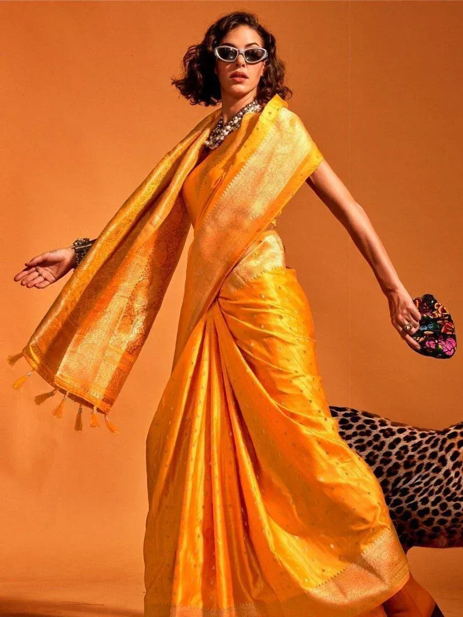 Golden designer saree with tassels, ethnic wear for women, stylish Indian fashion