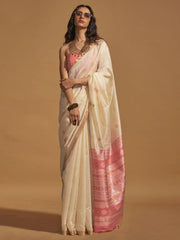 Attractive Beige Weaving Silk Festival Wear Saree With Blouse