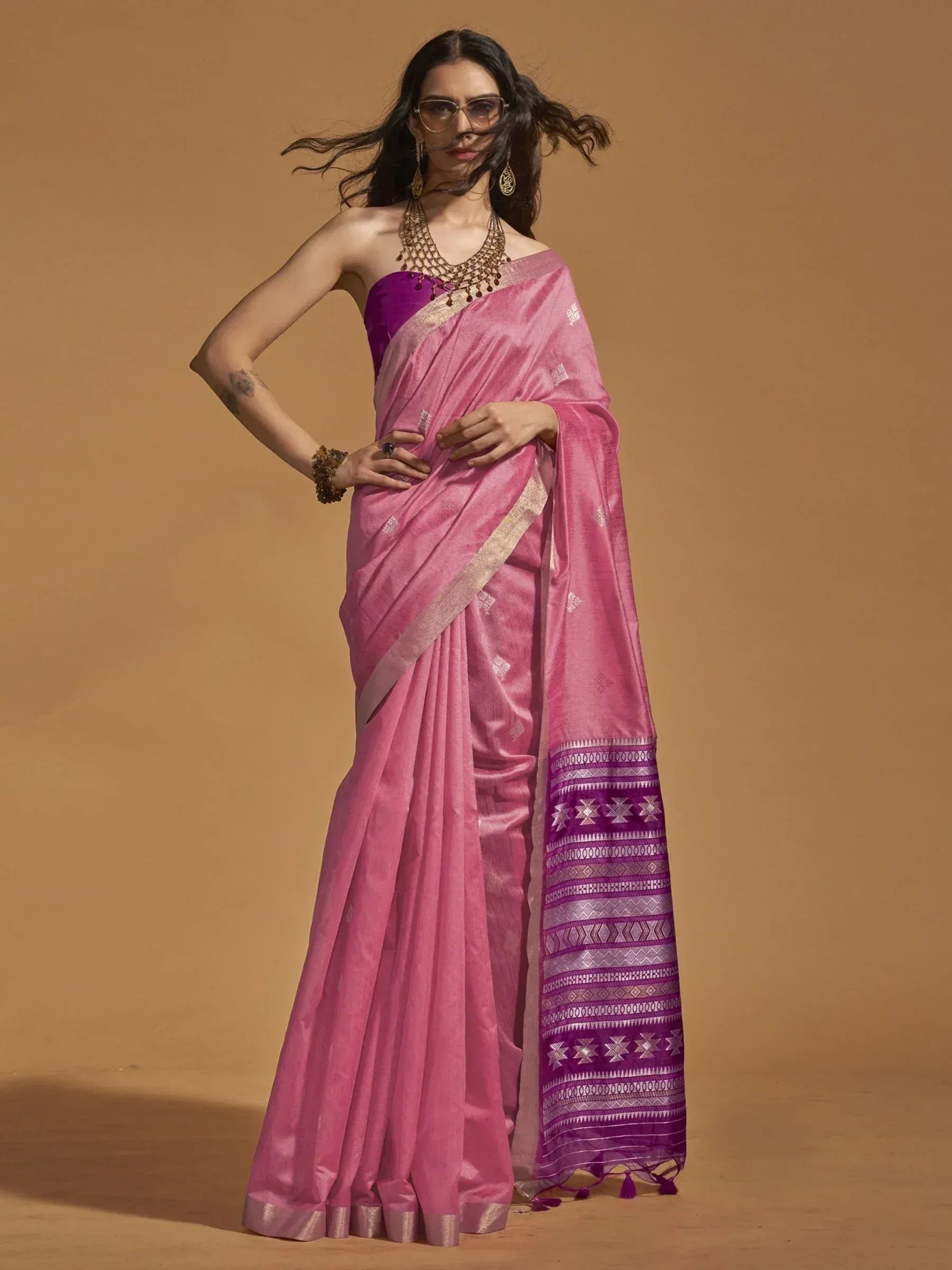 Pink and purple designer saree with geometric border, perfect for Indian ethnic wear occasions