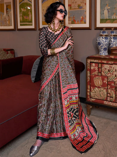 Bewitching MultiColor Patola Printed Satin Traditional Saree With Blouse