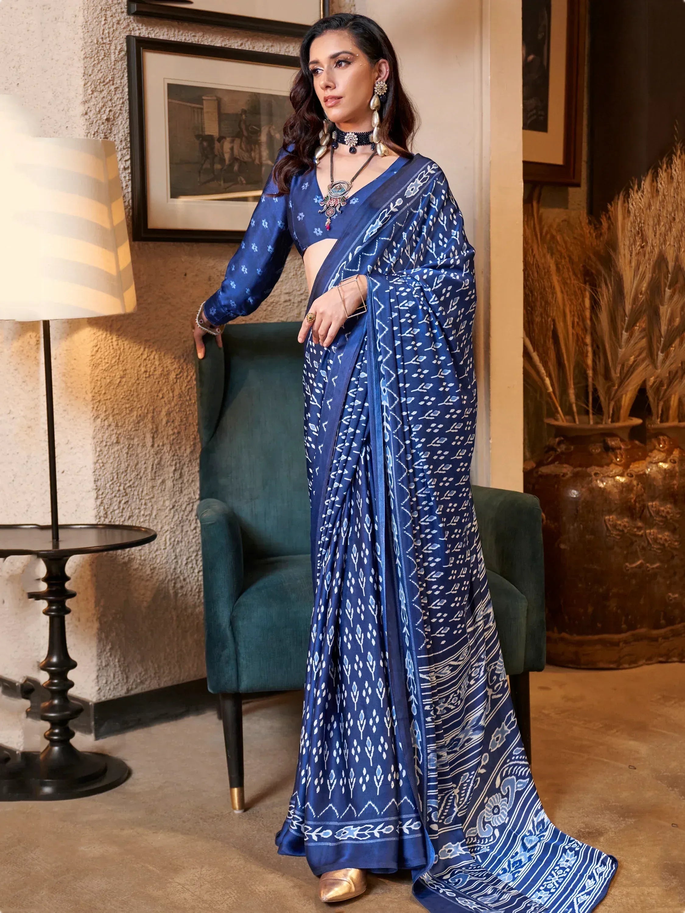 Blue printed saree with matching blouse, ethnic Indian wear for women