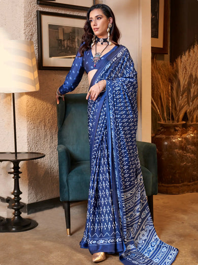 Astonishing Royal Blue Digital Printed Satin Festival Wear Saree
