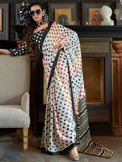 Incredible White Digital Printed Satin Office Wear Saree With Dupatta