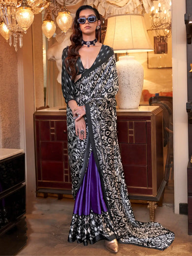 Precious Black & Purple Digital Printed Satin Saree With Blouse