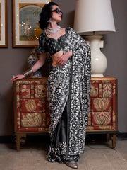 Attractive Black Digital Printed Satin Casual Wear Saree With Blouse