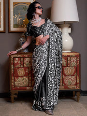 Attractive Black Digital Printed Satin Casual Wear Saree With Blouse