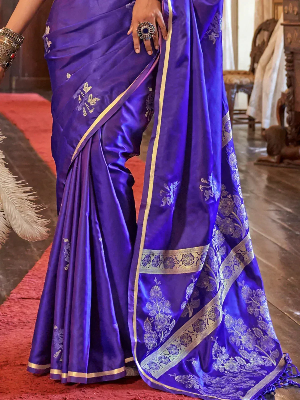 Purple silk saree with gold floral embroidery and border, styled for Indian ethnic wear