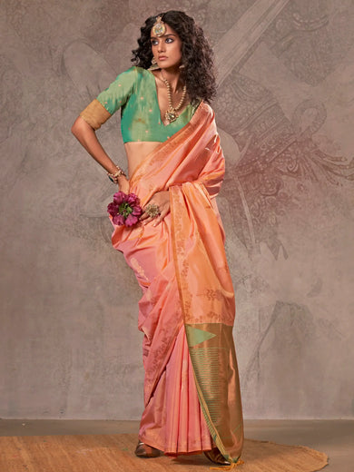 Captivating Orange Zari Weaving Silk Event Wear Saree With Blouse