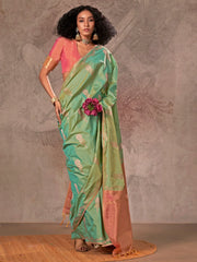 Attractive Teal Green Zari Weaving Silk Festival Wear Saree With Blouse