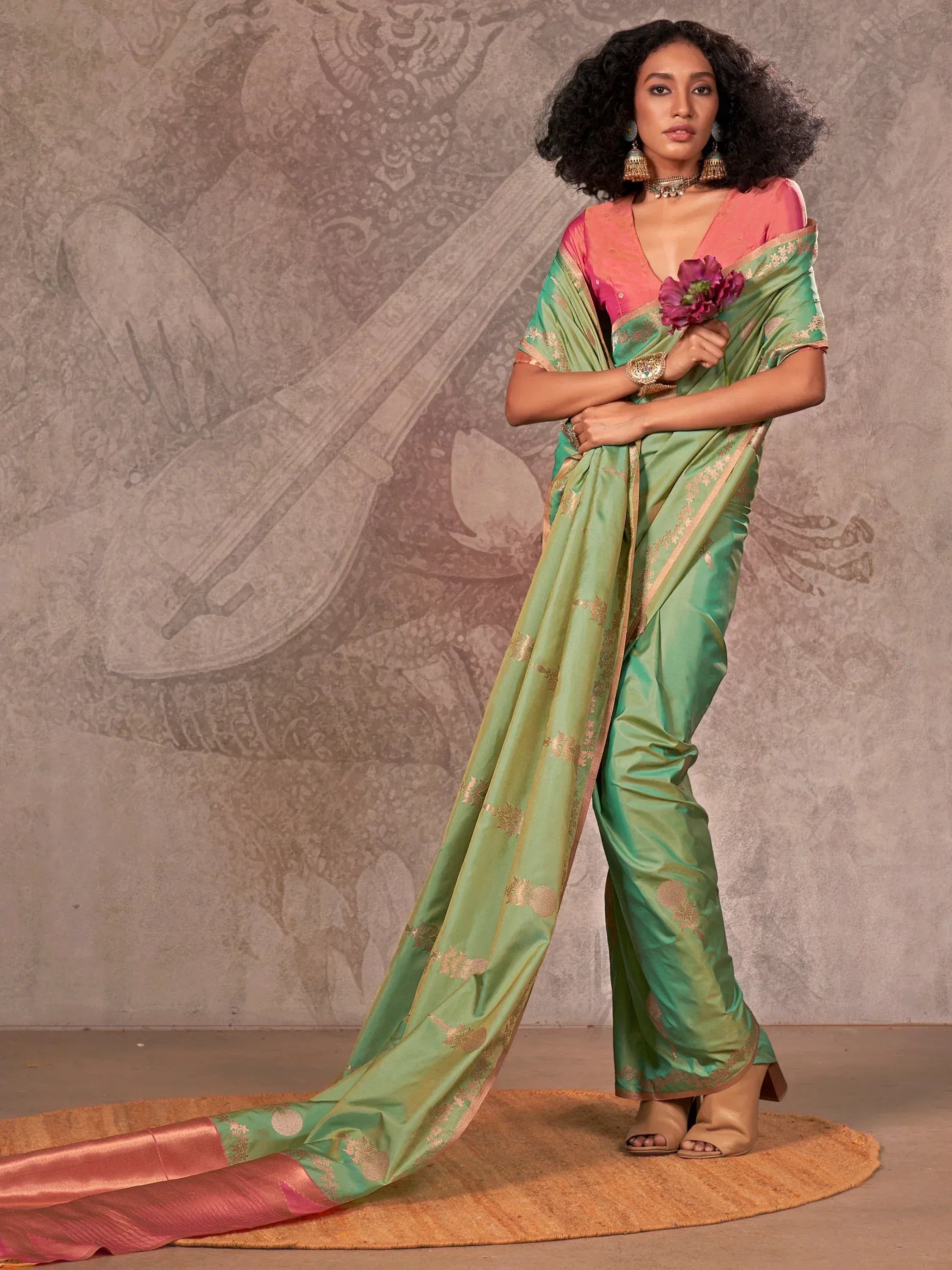 Green silk saree with gold embroidery, pink blouse, ethnic Indian wear for women