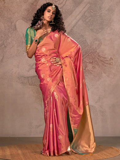 Adorable Pink Zari Weaving Silk Casual Wear Saree With Blouse