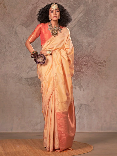 Mesmerizing Cream Zari Weaving Silk Traditional Saree With Blouse