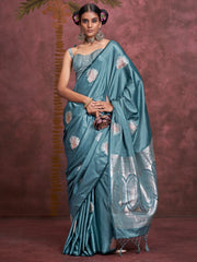 Fascinating Teal Blue Zari Weaving Silk Festival Wear Saree With Blouse