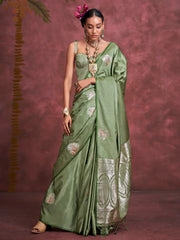 Mesmerizing Olive Green Zari Weaving Silk Banarasi Saree With Blouse