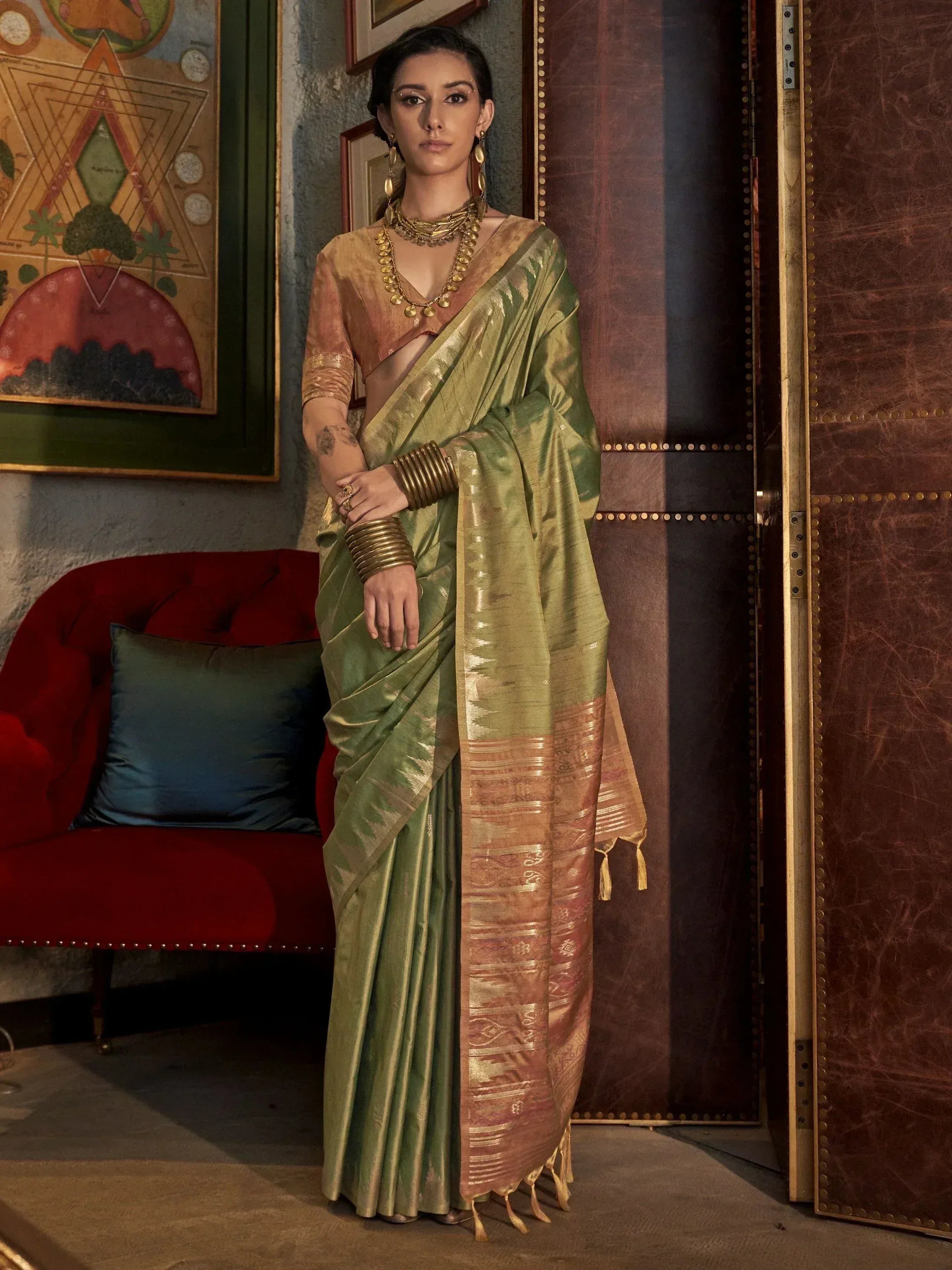 Olive green silk saree with gold border and blouse, Indian ethnic wear for women