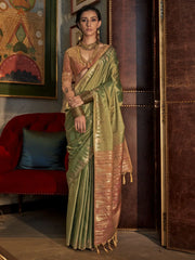 Surprising Green Color Weaving Silk Festival Wear Saree With Blouse