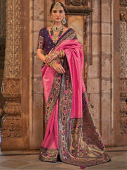 Stunning Pink Zari Woven Silk Festival Wear Saree With Blouse