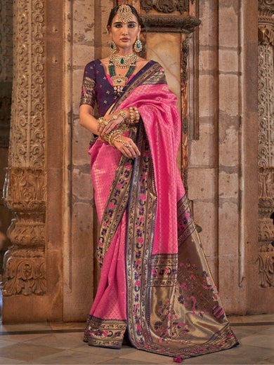 Stunning Pink Zari Woven Silk Festival Wear Saree With Blouse
