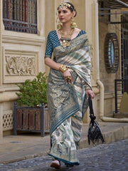 Stunning Teal Blue Zari Weaving Silk Reception Wear Saree With Blouse