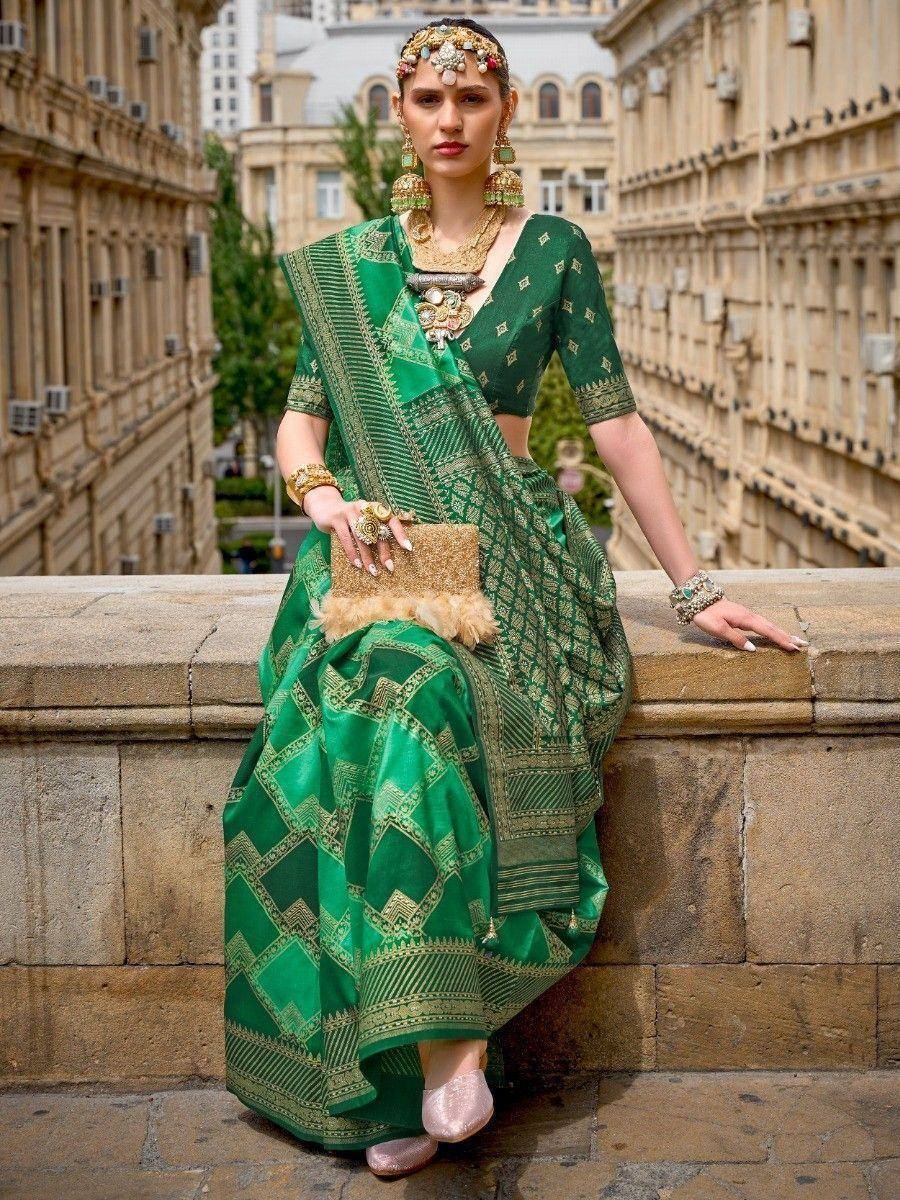 Green ethnic lehenga choli with gold embroidery, traditional Indian wear for women