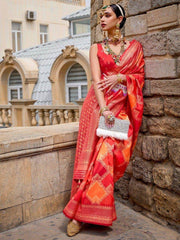 Outstanding Orange Zari Weaving Wedding Wear Saree With Blouse