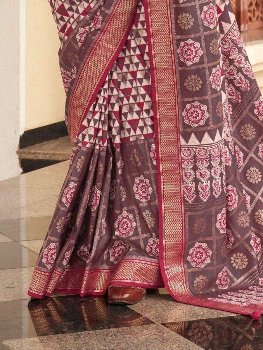 Ethnic saree with maroon and beige geometric & floral print, perfect for Indian occasions