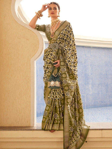 Awesome Green Digital Printed Silk Traditional Saree With Blouse