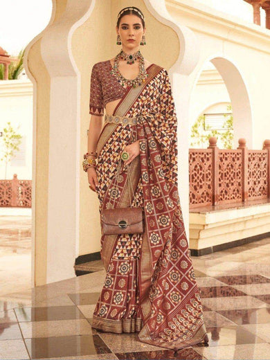 Amazing Brown Digital Printed Silk Function Wear Saree With Blouse
