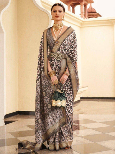 Beautiful Grey Digital Printed Silk Festival Wear Saree With Blouse