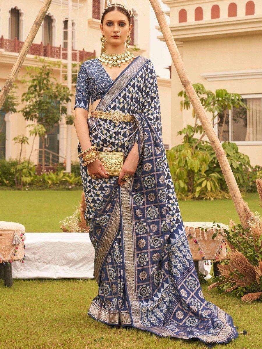 Blue printed saree with gold belt and jewelry, Indian ethnic wear for women